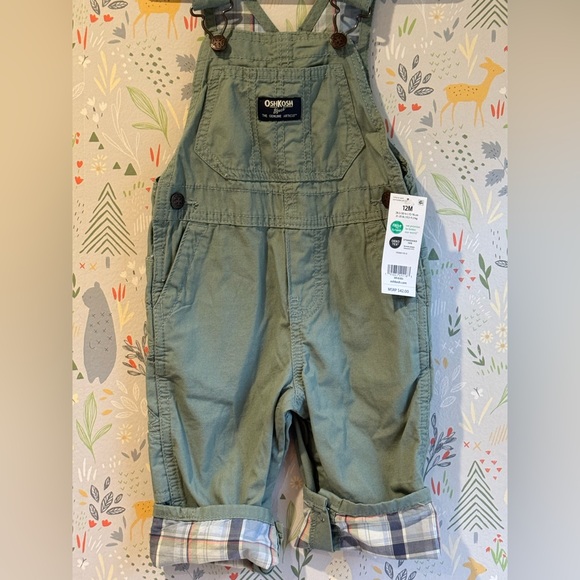 OshKosh B'gosh Other - NWT OshKosh B’gosh Green Plaid Overalls Flannel Cuff Classic 90s style 12 Months